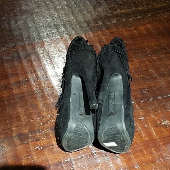 BLACK PLATFORM BOOTIES W FRINGES SUPER HIGH HEELS MOBWIFE CLUBWEAR GOING OUT - Picture 7 of 11